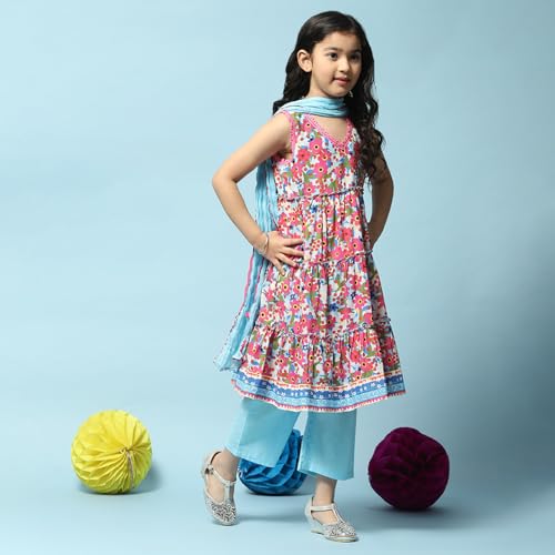 BIBA Girls Voile Printed Narrow Kurta with Pant & Dupatta (Kw5279_Blue_13), 12-13 Years