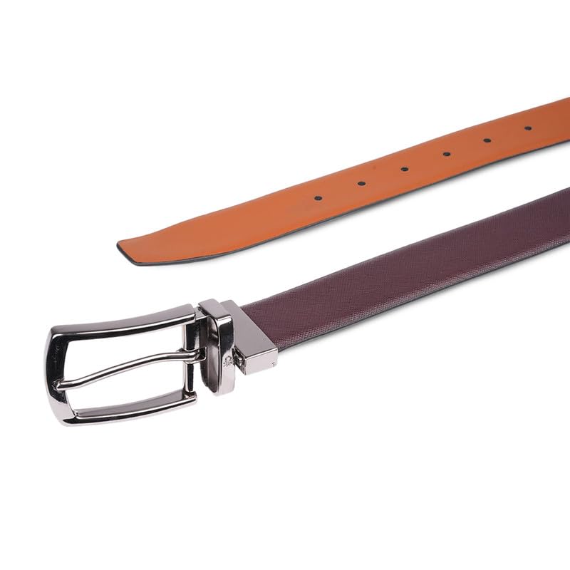 UNITED COLORS OF BENETTON Altdorf Leather Men Reversible Belt - Wine+Tan, L 1M | Waist Range: 37-41 | Saffiano Textured Reversible Belt With Pin Closure