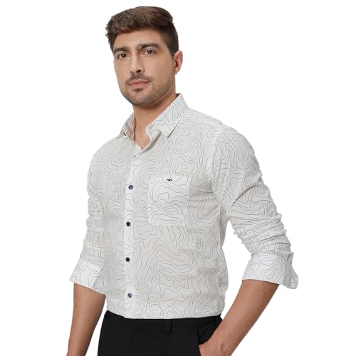MUFTI Men Casual Shirt | Slim Fit Full Sleeve Point Collar Abstract Contour Line Print | 100% Cotton, Breathable Fabric for Everyday Wear & Smart Casual Outings| Bright White 6XL