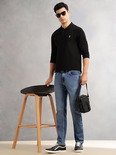 Thomas Scott Men's | Cricket Club Collection | Regular Fit | Long Sleeves | Solid | Button Closure | Knitted Fabric | Polo Collar | T-Shirt (CCKTT017_Black_2XL)