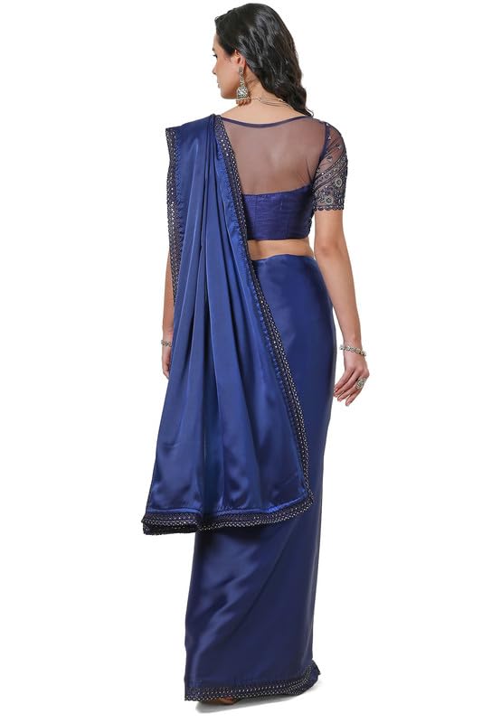 Soch Womens Navy Blue Organza Plain Saree with Lace Border