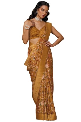 Soch Womens Mustard Chanderi Floral Print Saree