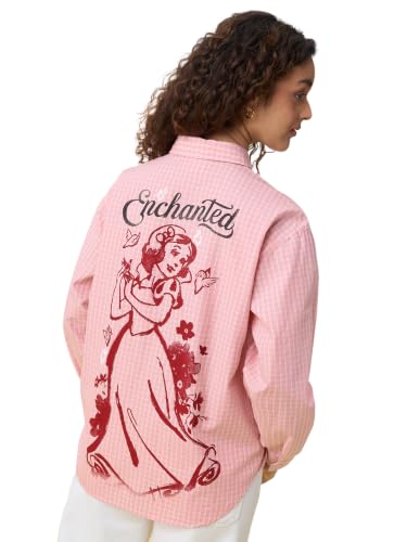 The Souled Store Disney: Enchanted Women Full Length Spread Collar Light Pink Checked Graphic Printed Cotton Oversized Back Graphic Print Lightweight Everyday Shirt for Casual Wear