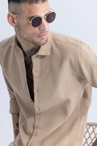 SNITCH Men Casual Shirt | Slim Fit Full Sleeve Spread Collar Striped Design | Premium Cotton & Textured Fabric for College & Everyday Wear | Beige