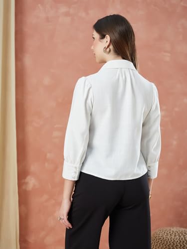 Latin Quarters Women's Ivory 3/4Th Sleeves Solid Collar Neck Formal Shirt_M