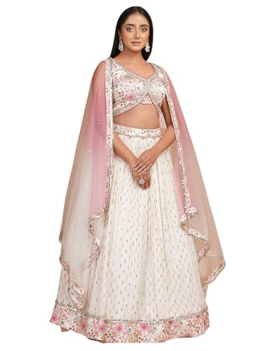 Zeel Clothing Women's Sequins Zari Embroidered Work Georgette Lehenga Choli With Dupatta (7070-White-Women-Lehenga-Choli-Latest; Free size) (White)