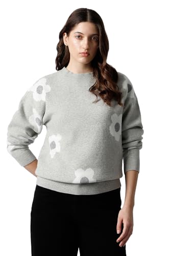 Women Grey Print Round Neck Sweater