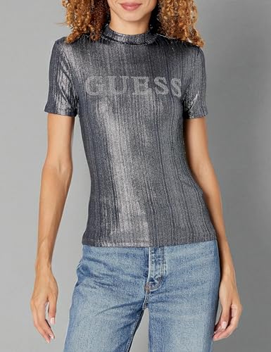 GUESS Women Blue Embellished High Neck Short Sleeves Top