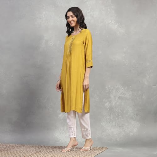 Rangriti Women's Viscose Blend Solid Straight Kurta (RROZ20972AW25YEL_Yellow