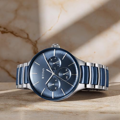 Titan Ceramic Fusion Quartz Multifunction Midnight Blue Dial Two Toned Silver and Metallic Blue Stainless Steel Bracelet Watch for Men - NT90148KD02