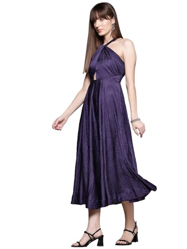 Label RITU KUMAR Halter Neck Solid Long Dress Purple