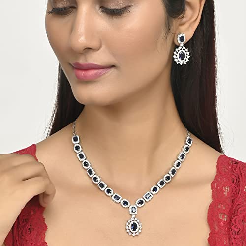 VOYLLA VoyllaSparkling Elegance Royal Blue and White CZ Brass Silver Plated Jewellery Set