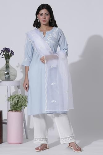 W for Woman Blue A-line Textured Cotton Embroidered Kurta, Pants with Dupatta Set_24ONWS10508-221412_3XL