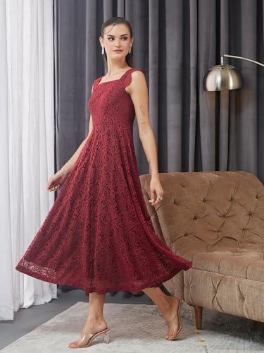 Miss Chase Womens Square Neck Sleeveless Self-Designed Ruffled Midi Lace Dress (MCAW25D86-11-143-02, Maroon, XS)