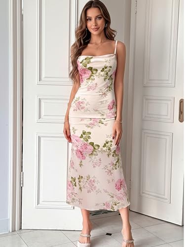 FASHION YARI Womens Summer Dress 2026 Spring Mesh Sleeveless Bodycon Ruched Floral Holiday Maxi Long Dresses Off-White