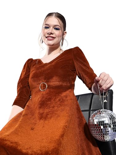 Miss Chase Women's V-Neck Three-Quarter Sleeve Solid Fit & Flare Midi Velvet Dress (MCAW22D13-73-606-02, Rust, XS)