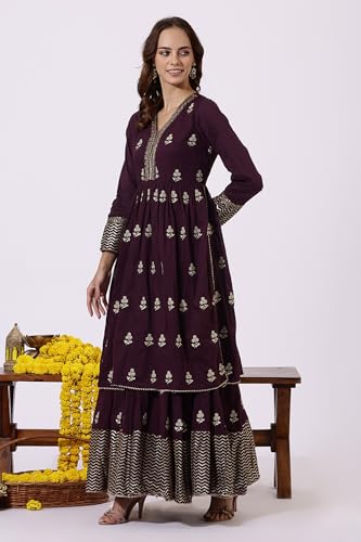 Wishful Purple Pure Cotton Flared Dress & Dupatta for Women (Size: 3XL)-24AUSP11997-400749