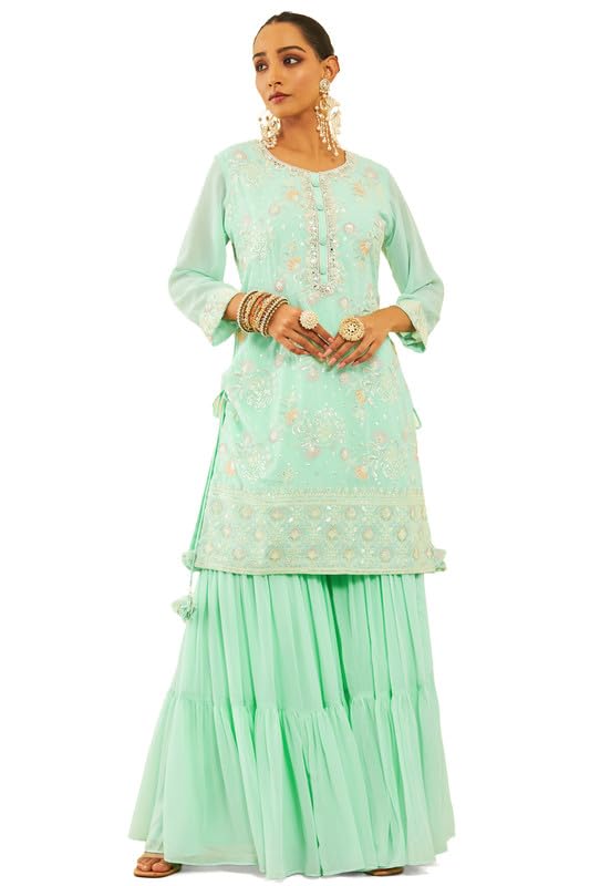 Soch Womens Sea Green Georgette Sequinned Embellished Suit Set with Tie-Ups