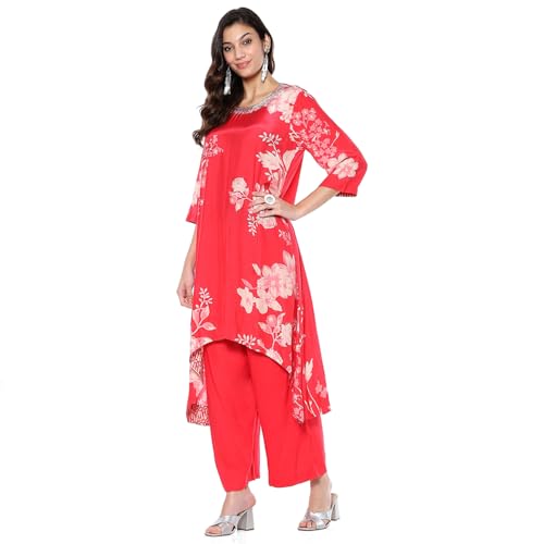 BIBA Women's Modal Kurta Sets (SKDCFLORA10111AW24CRL_Coral