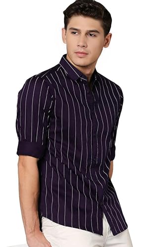 IndoPrimo Men's Regular Fit Soft Poly Cotton Stripe Casual Shirt for Men (Medium, Purple)