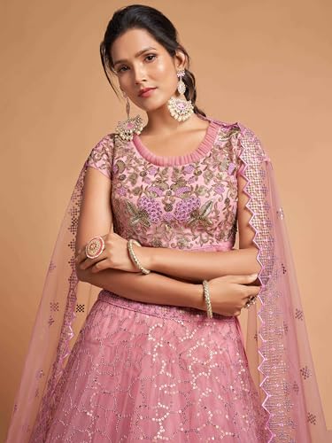 Zeel Clothing Women's Net Embroidered Semi-Stitched Bridal New Lehenga Choli with Dupatta (7313-Pink-Wedding-Girlish-Lehenga-Choli; Free Size)