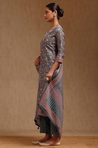 Soch Womens Grey Tussar Floral Print Suit Set With Zari