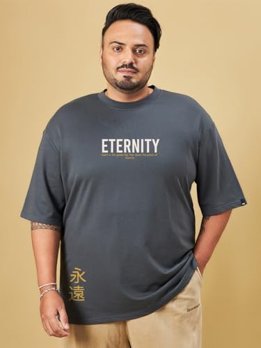 Bewakoof Heavy Duty® 1.0 Men's Graphic Print Oversized Fit Half Sleeve Round Neck Cotton Blend Plus Size T-Shirt_694261_Grey_4XL