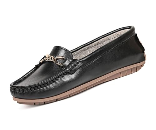 LOUIS STITCH Women's Black Premium Slip-On Loafers with Buckle | Elegant Solid Slip-On Comfort Shoes for Casual and Formal Wear | Slip-On Loafer Shoes for Women | LSLD-BLR-HS02-JB | UK-8