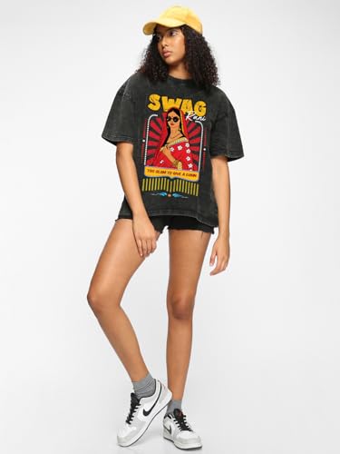 Bewakoof Women's Graphic Printed Oversized Fit Half Sleeve Round Neck Cotton T-Shirt_663621_Black_3XL