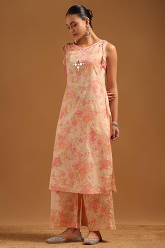 Soch Womens Peach Cotton Floral Co-Ords Set With Mirror Work