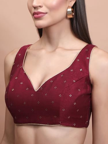S SALWAR STUDIO Maroon Silk Sleeveless Readymade Padded Blouse