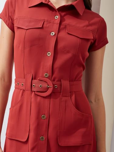 Latin Quarters Women's Rust Short Sleeves Collared Solid Casual Mini Dress_L