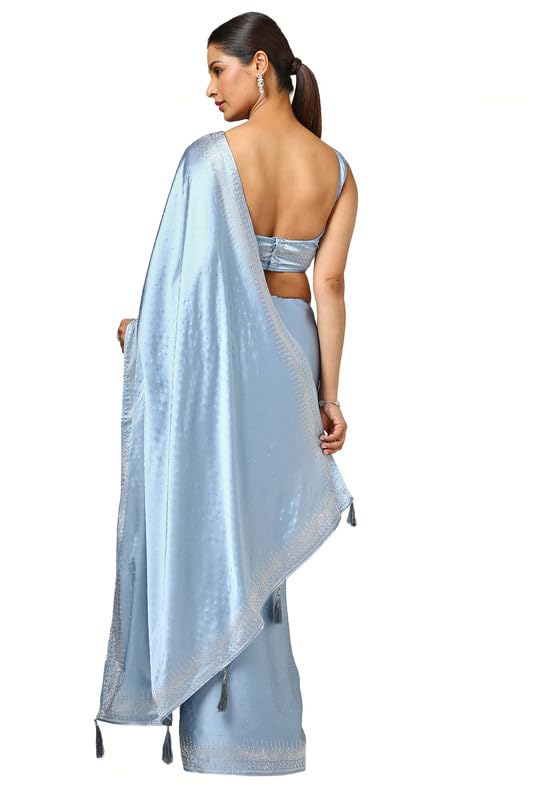 Soch Womens Powder Blue Satin Embellished Saree With Stone Work