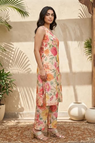 W for Woman Pink Floral Printed Straight Kurta with Pant and Dupatta Set - (WS13073-126328-M)
