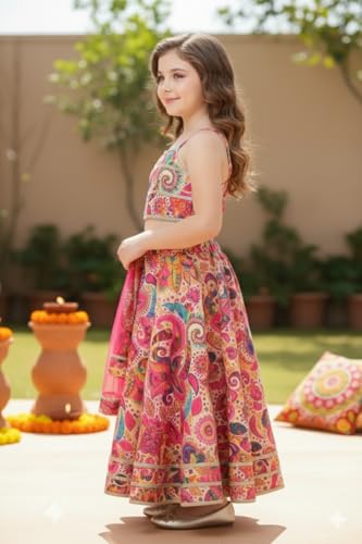 Naixa Girls Multicolor Digital Print Rayon Fabric Lehenga Choli with Dupatta Set | Ready to Wear Lehenga Choli Set | Lehenga Choli Set for Girls (SE51_5-6 YEAR)
