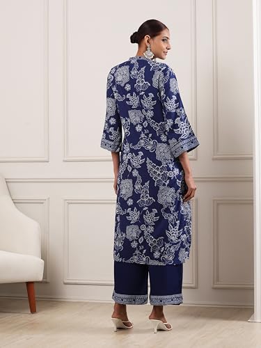 Biba Women Navy Blue Viscose Rayon Straight Suit Set_36