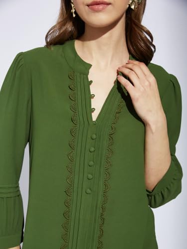 Latin Quarters Women Greenolive V-Neck 3/4th Sleeve Solid Tunic Blouse_M