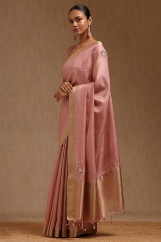 Soch Womens Pink Tussar Solid Saree With Thread Work