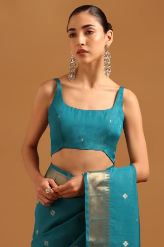 Soch Womens Teal Tussar Brocade Zari Woven Saree