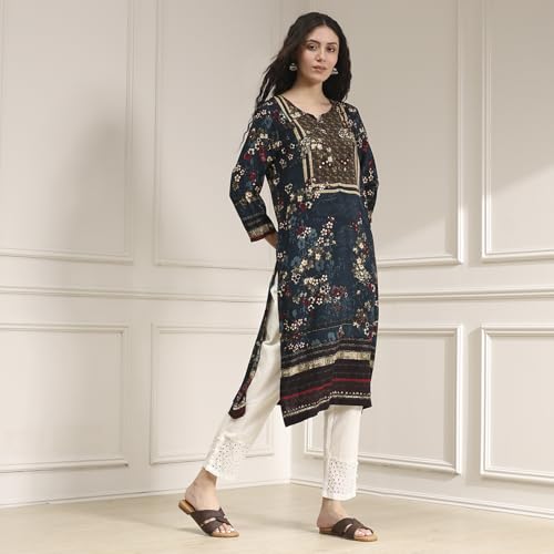 BIBA Women Teal Floral Printed Straight Kurta_32