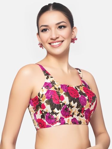 Biyu Women's Art Silk Floral Solid Round Neck Sleeveless Readymade Saree Blouse (Multi, 40)