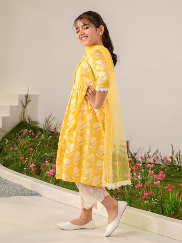 Pspeaches Girls Cotton Printed Kurta & Palazzo (KS-YELLOWOFFWHITE-8-10Y_Yellow