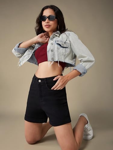 Miss Chase Women's Flared High Rise Regular Stretchable Denim Shorts (MCAW25DEN62-73-979-28, Cherry Black, 28)