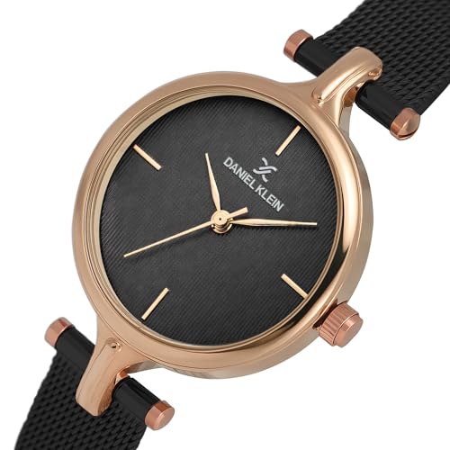 Daniel Klein Analog Black Round Dial Rose Gold Case Black Mesh Strap Water-Resistant Wrist Watch for Women Girls, Ladies DK11914-3