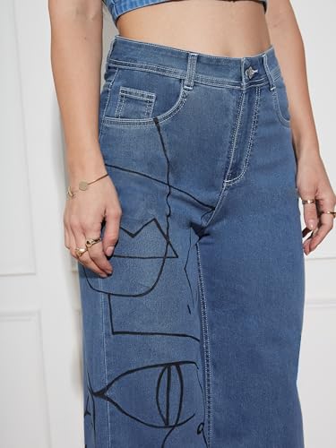 Miss Chase Women's Wide Leg High Rise Hand Painted Stretchable Denim Jeans (MCSS18DEN02-19-391-30, Hazy Blue, 30)