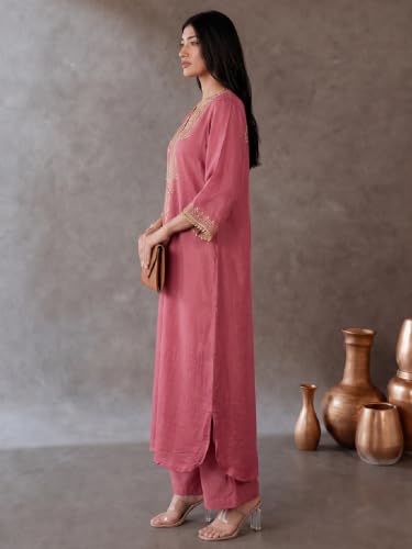 Varanga Women Kaftan Kurta Trousers Set V Neck Short Sleeves Silk Blend