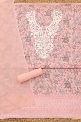 Soch Womens Peach Cotton Digital Printed Botanical Chikankari Embroidered Dress Material