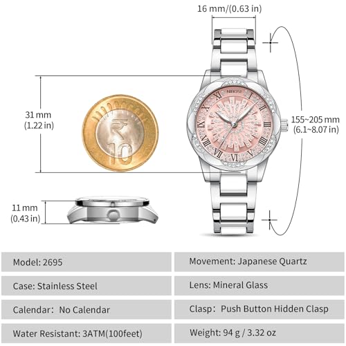 NIBOSI Watch for Woman Analog Quartz Rose Gold Stainless Steel Band Luxury Ladies Watch Stylish Diamond Rotating Pink Dial Wrist Watches Waterproof (Silver Pink)