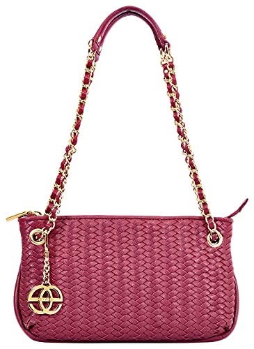 eske Piquer, the Shoulder Bag | Genuine Leather Handbag for Women | Braided Back | Chain Strap with Padding | Zip Closure | 1 Main Compartment | Elegant Structured Daily Use Purse (Wine)