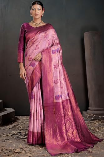 SGF11 Women's Kanjivaram Pure Soft Silk Saree With Unstitched Blouse Piece (Pink)